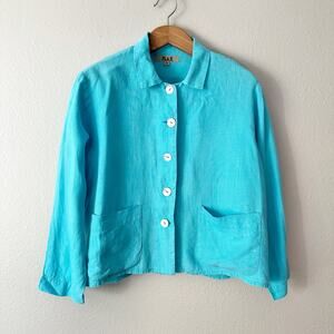 Flax‎ Abalone Light Blue 100% Linen Button Up Shirt Jacket Women's Size Small